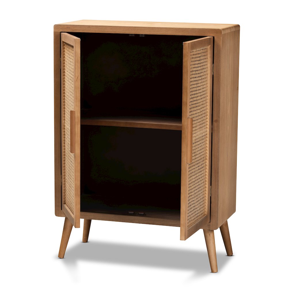 Medium Oak Finished Wood and Rattan 2-Door Accent Storage Cabinet