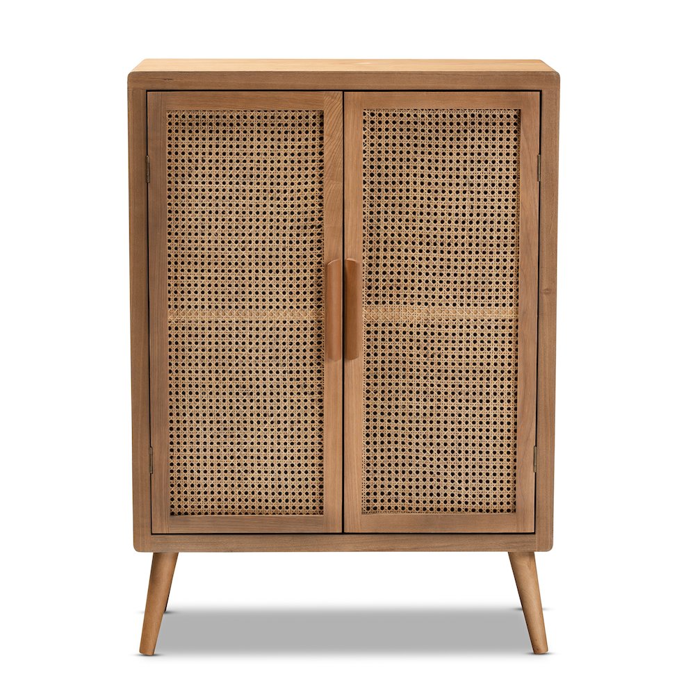 Medium Oak Finished Wood and Rattan 2-Door Accent Storage Cabinet