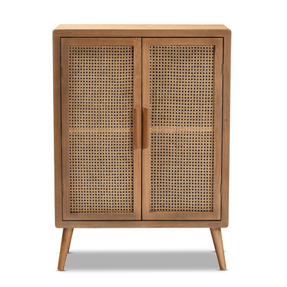 Medium Oak Finished Wood and Rattan 2-Door Accent Storage Cabinet