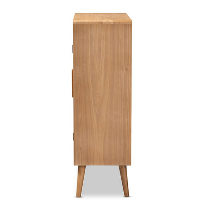 Medium Oak Finished Wood and Rattan 2-Door Accent Storage Cabinet