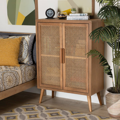 Medium Oak Finished Wood and Rattan 2-Door Accent Storage Cabinet