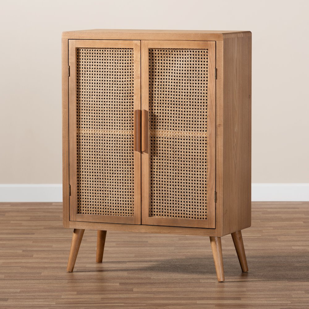 Medium Oak Finished Wood and Rattan 2-Door Accent Storage Cabinet