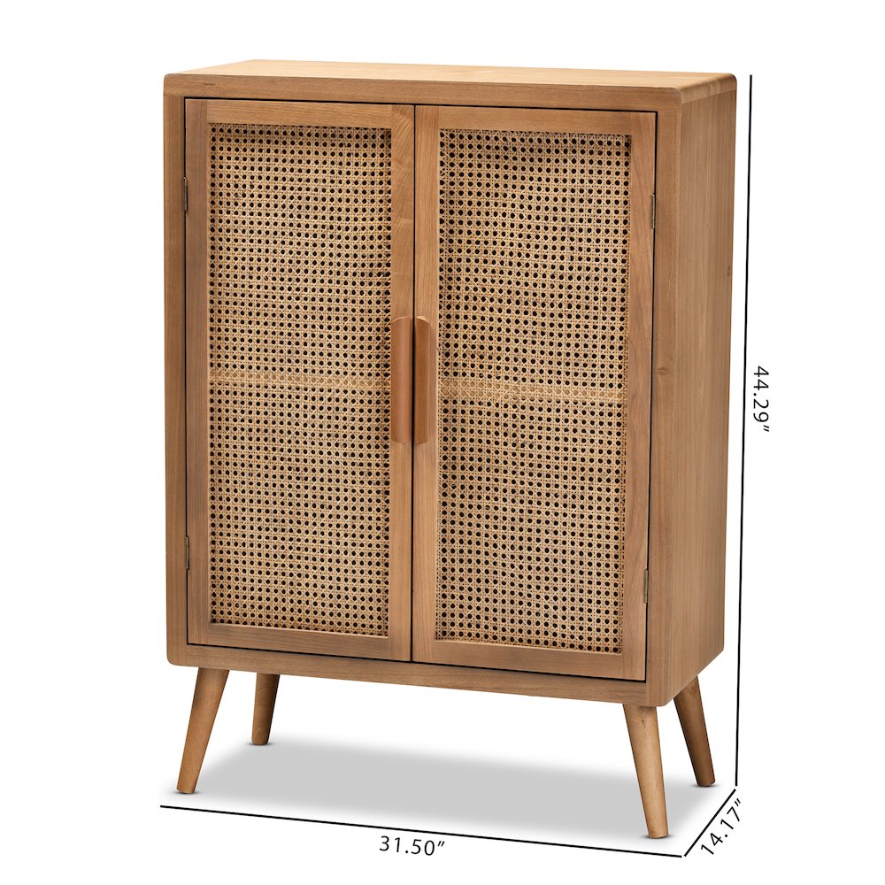 Medium Oak Finished Wood and Rattan 2-Door Accent Storage Cabinet