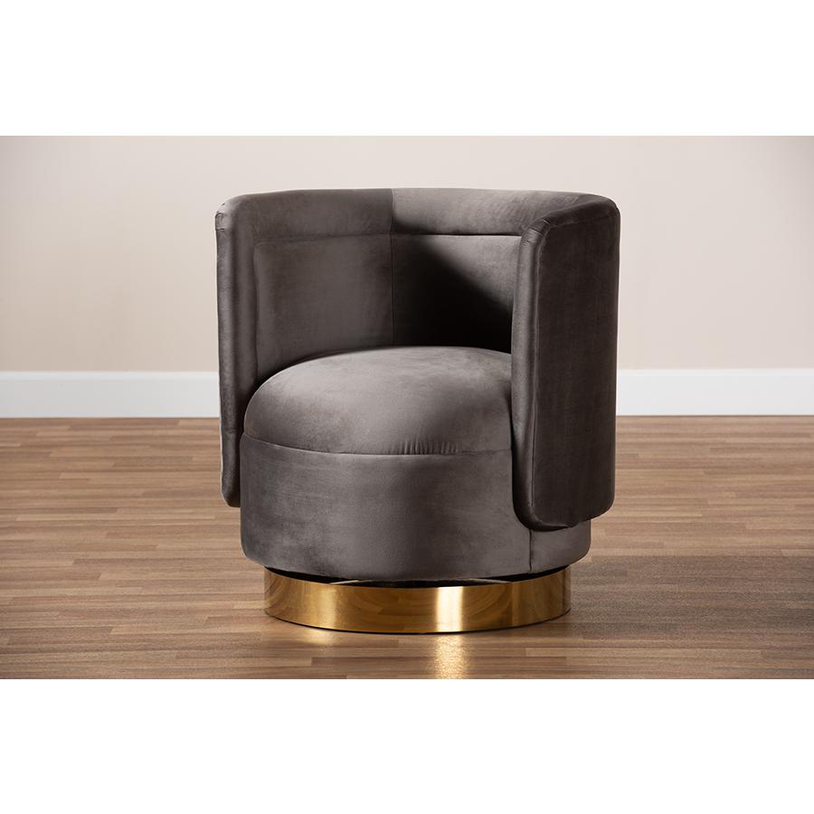 Glam Grey Velvet Accent Chair with Swivel Function and Gold Finish