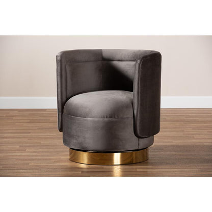 Glam Grey Velvet Accent Chair with Swivel Function and Gold Finish