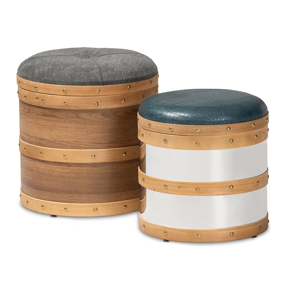 Modern Grey Fabric and Alligator Faux Leather 2-Piece Storage Ottoman Set