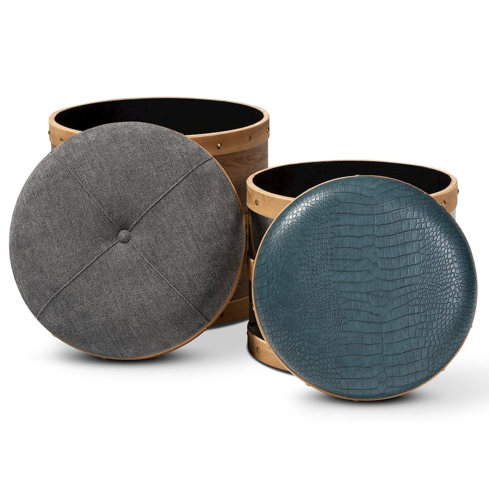 Modern Grey Fabric and Alligator Faux Leather 2-Piece Storage Ottoman Set