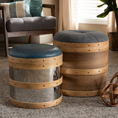 Modern Grey Fabric and Alligator Faux Leather 2-Piece Storage Ottoman Set