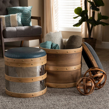 Modern Grey Fabric and Alligator Faux Leather 2-Piece Storage Ottoman Set