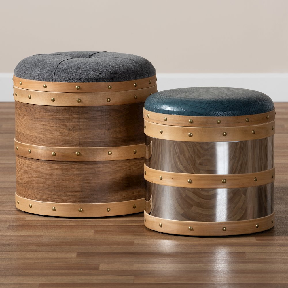 Modern Grey Fabric and Alligator Faux Leather 2-Piece Storage Ottoman Set