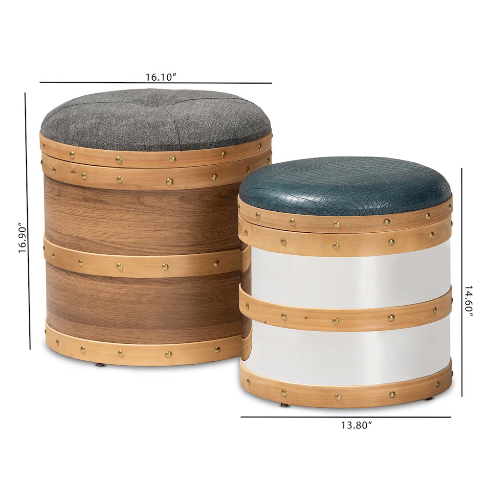 Modern Grey Fabric and Alligator Faux Leather 2-Piece Storage Ottoman Set