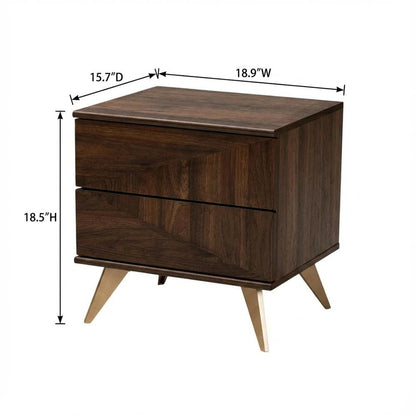 Walnut Brown Finished Wood Nightstand with 2 Drawers and Mid-Century Style