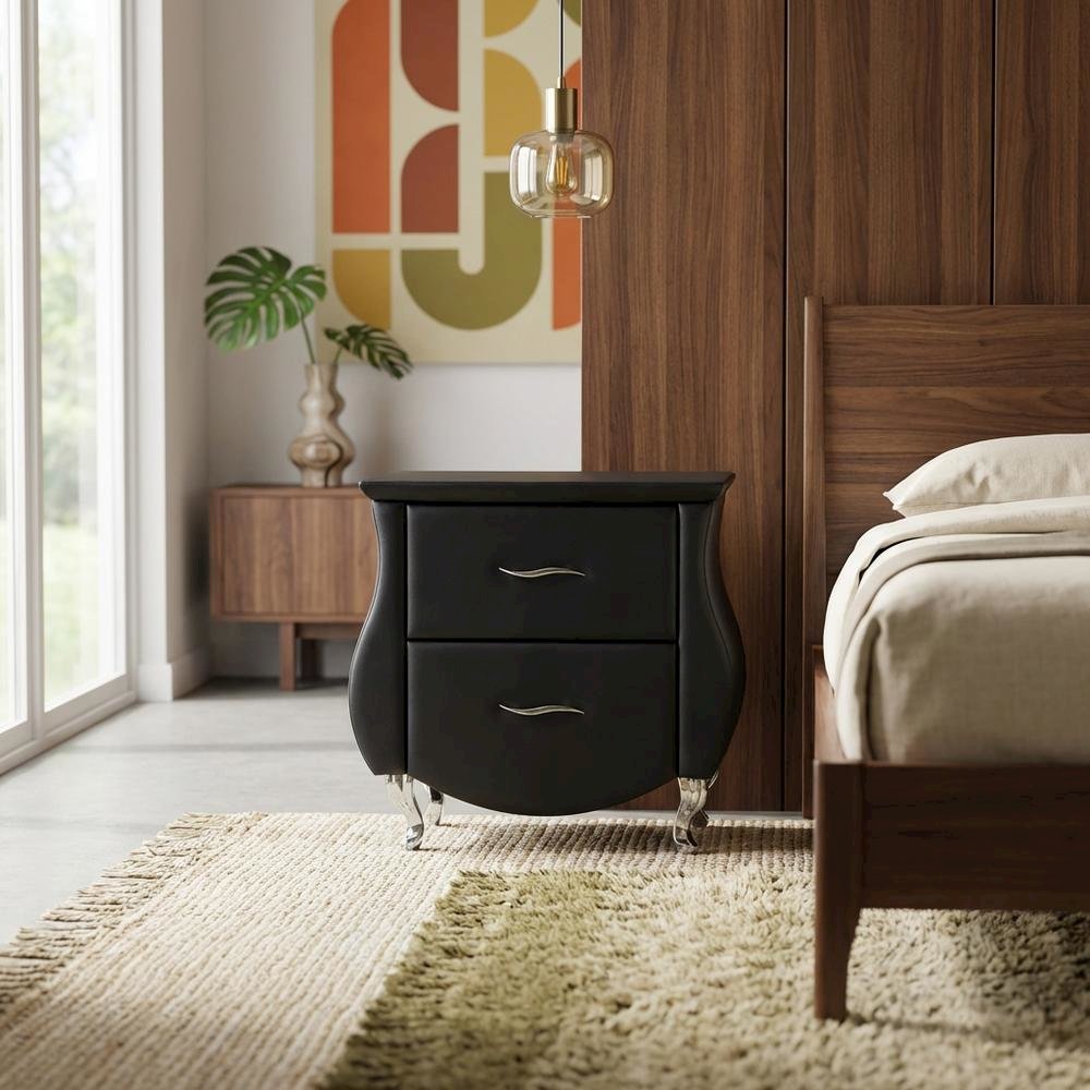 Contemporary Black Faux Leather Nightstand with Hardwood Base
