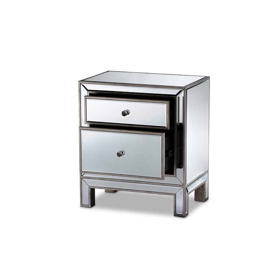 Fadri Contemporary Glam and Luxe Mirrored 2-Drawer Nightstand