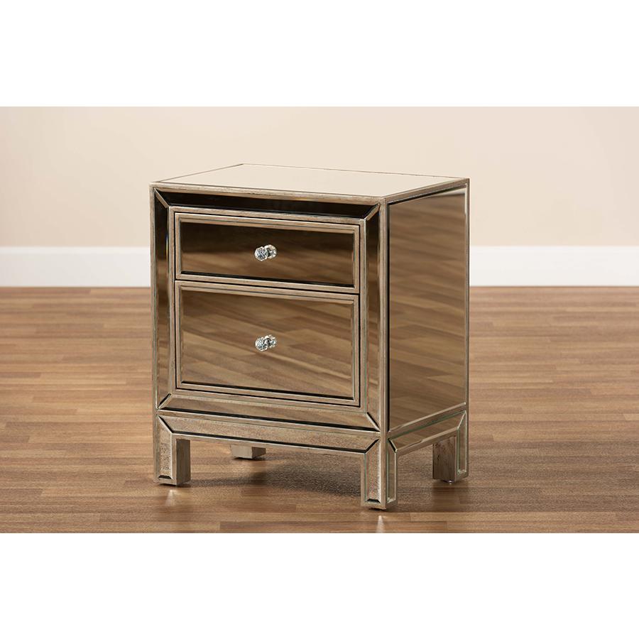 Fadri Contemporary Glam and Luxe Mirrored 2-Drawer Nightstand