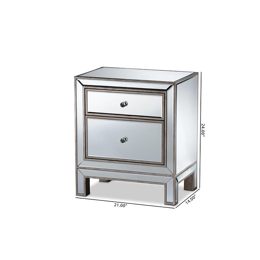 Fadri Contemporary Glam and Luxe Mirrored 2-Drawer Nightstand