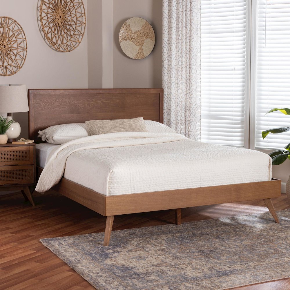 Mid-Century Wood Bed Frame with Panel Headboard and Angled Legs, Full