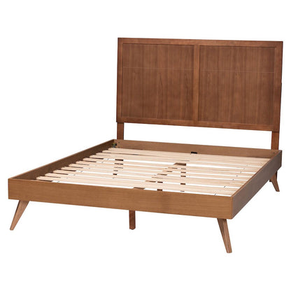 Mid-Century Modern Wood Bed Frame with Panel Headboard and Angled Legs, King