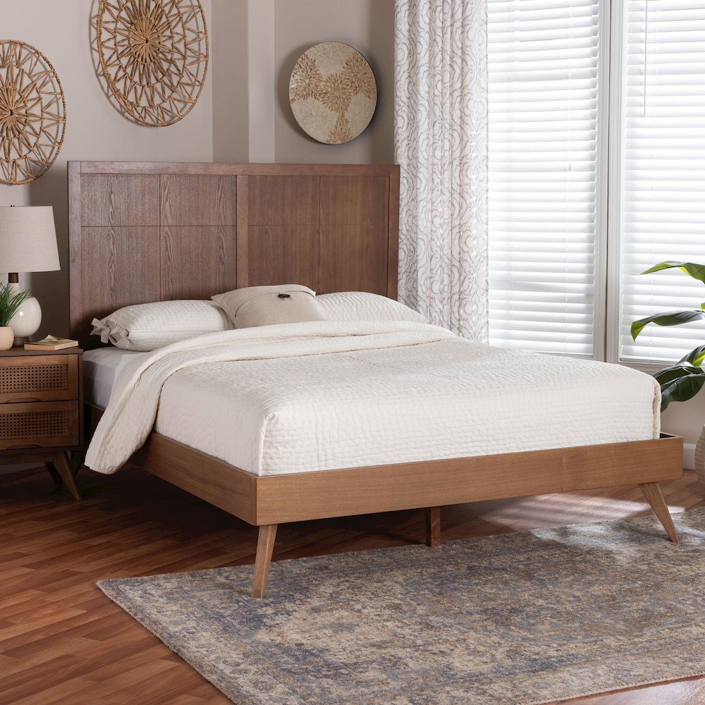 Mid-Century Modern Wood Bed Frame with Panel Headboard and Angled Legs, King