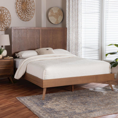 Mid-Century Modern Wood Bed Frame with Panel Headboard and Angled Legs, King