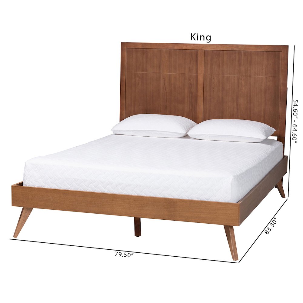Mid-Century Modern Wood Bed Frame with Panel Headboard and Angled Legs, King