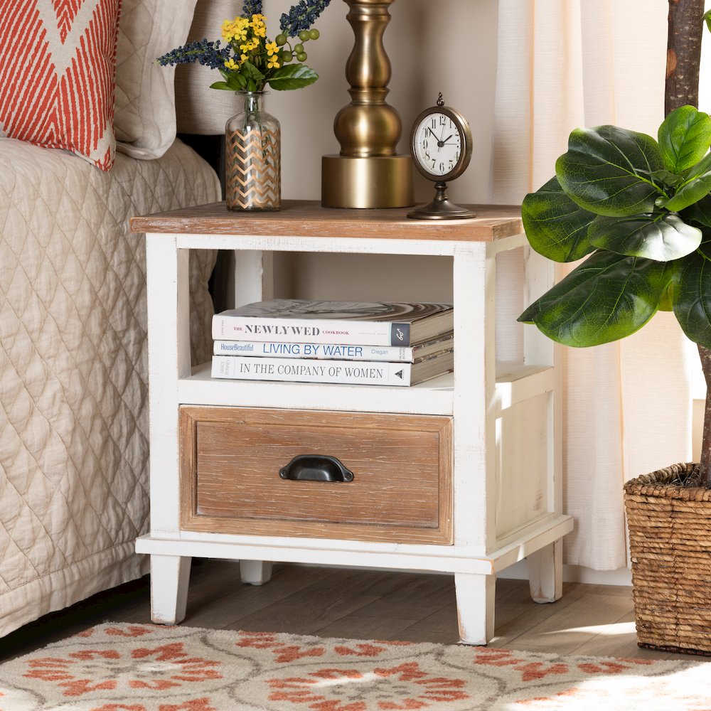 Rustic Farmhouse Two-Tone White and Oak Brown Wood 1-Drawer End Table