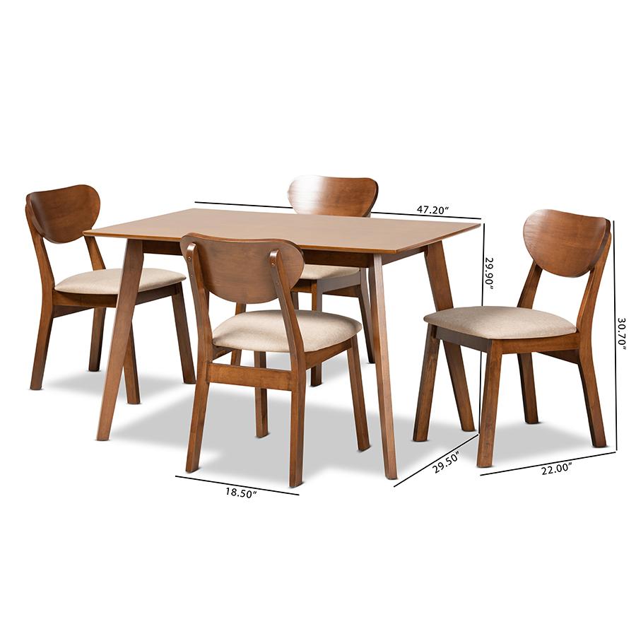 Sand Fabric Upholstered and Walnut Brown Finished Wood 5-Piece Dining Set