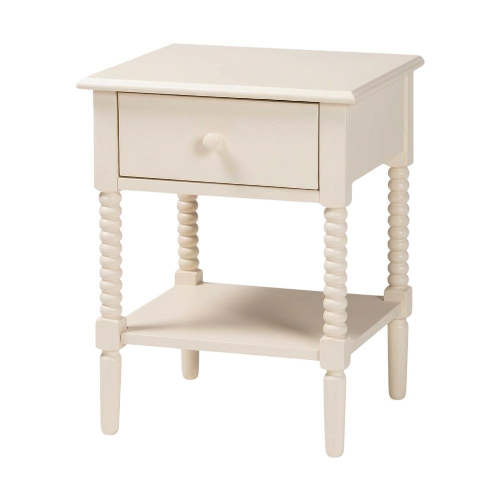 Ivory Farmhouse Nightstand with Spindle Wood Finish and Single Drawer