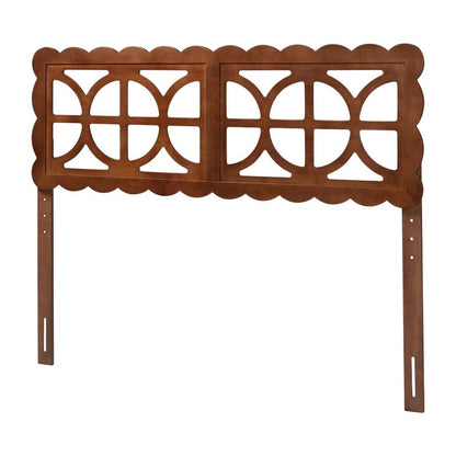 Wood Full Headboard Walnut Brown, Scalloped Frame, Geometric Cutout Panel