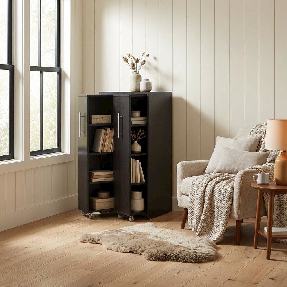 Contemporary Dark Brown Wooden Bookcase with Shelving and Pull-out Doors