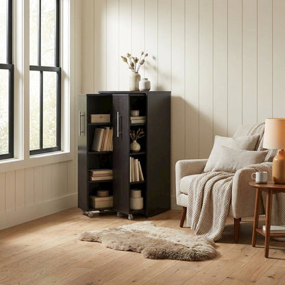 Contemporary Dark Brown Wooden Bookcase with Shelving and Pull-out Doors