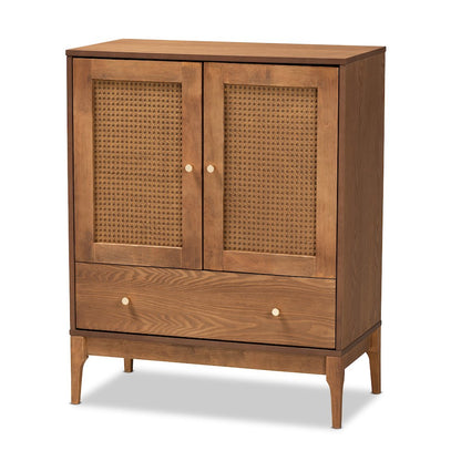 Ramiel Mid-Century Modern Ash Walnut Finished Wood and Rattan 1-Drawer Sideboard