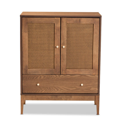 Ramiel Mid-Century Modern Ash Walnut Finished Wood and Rattan 1-Drawer Sideboard