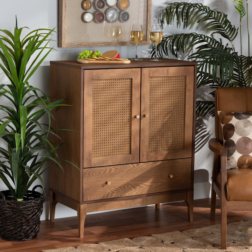 Ramiel Mid-Century Modern Ash Walnut Finished Wood and Rattan 1-Drawer Sideboard