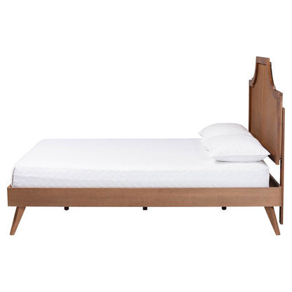 Rodolfo Platform Bed - Mid-Century Modern Bed with Woven Rattan Headboard, Queen