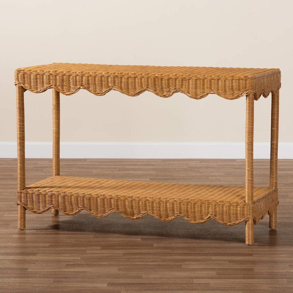 Oteria Bohemian Light Honey Scalloped Rattan Console Table