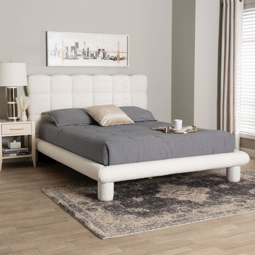 Ralayna Modern Luxe Ivory Boucle Fabric Queen Size Bed