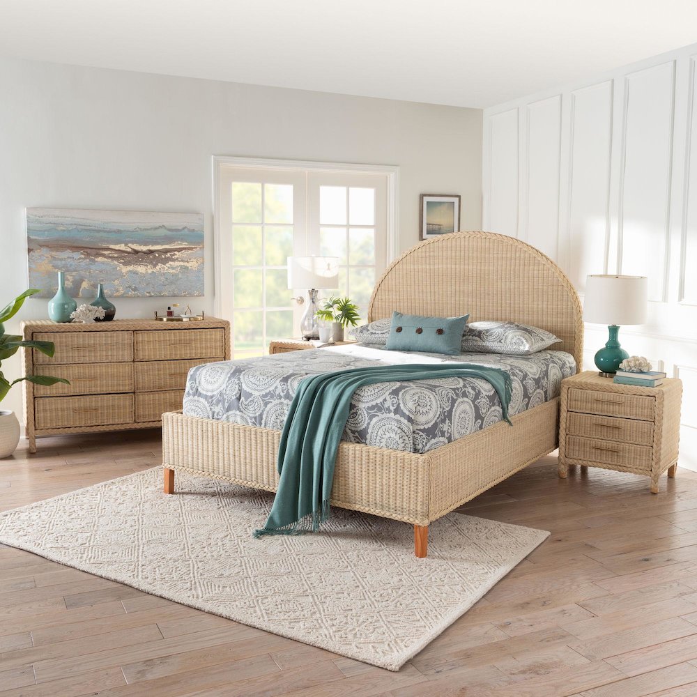 Lanica Japandi Sun-Bleached Braided Rattan Queen Size 4-Piece Bedroom Set
