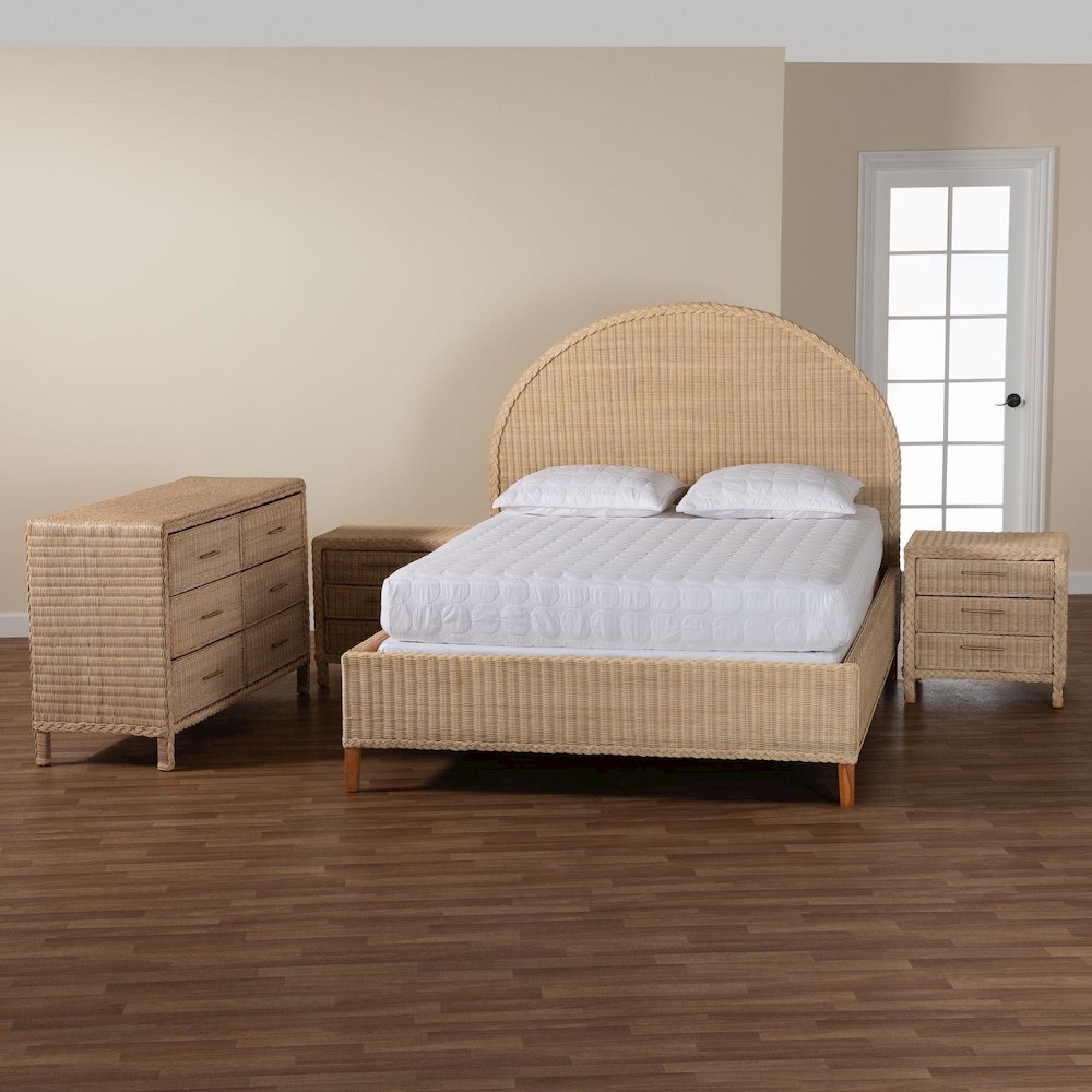 Lanica Japandi Sun-Bleached Braided Rattan Queen Size 4-Piece Bedroom Set