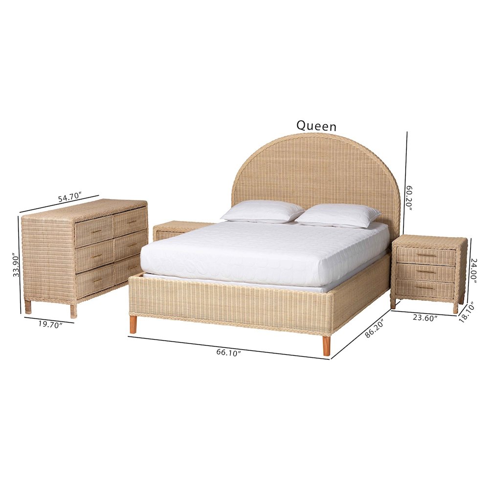 Lanica Japandi Sun-Bleached Braided Rattan Queen Size 4-Piece Bedroom Set