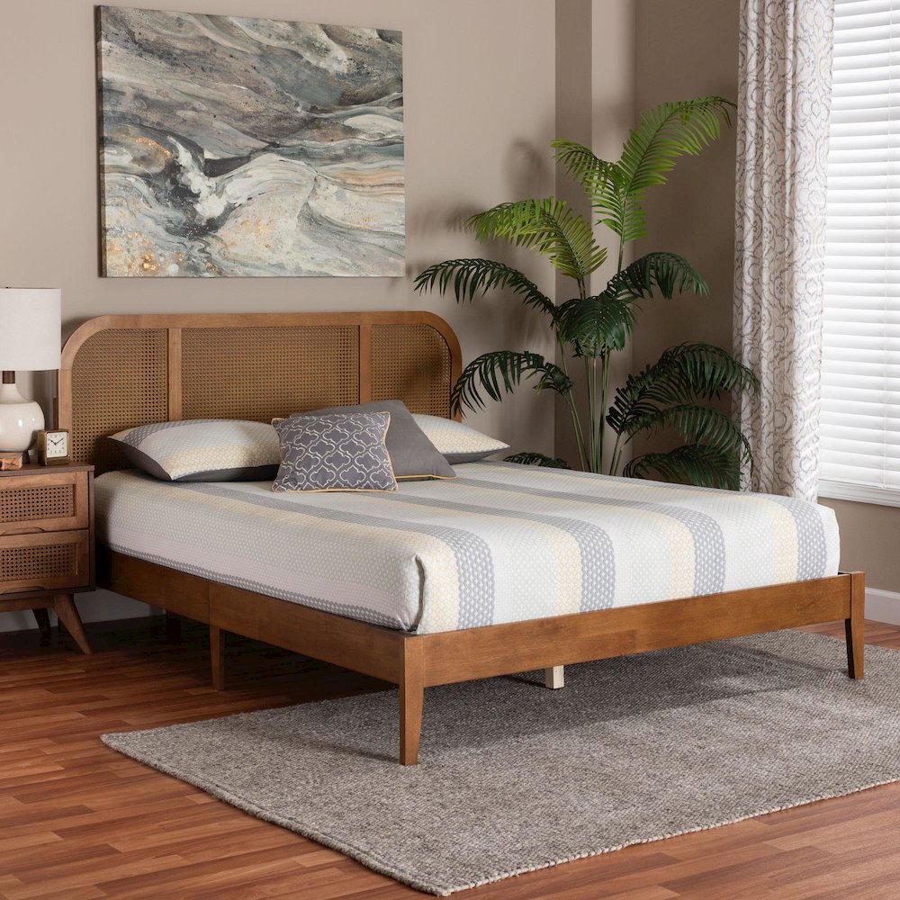 Fleur Mid-Century Woven Rattan Wood Queen Size Bed