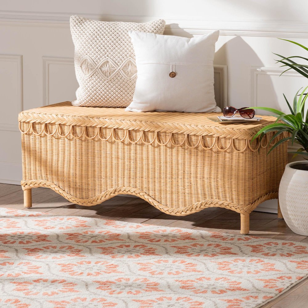 Erla Bohemian Light Honey Rattan Accent Bench with Scallop border