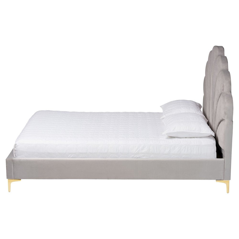 Glam and Luxe Light Grey Velvet Seashell-Headboard Queen Size Platform Bed