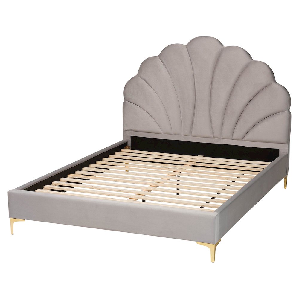 Glam and Luxe Light Grey Velvet Seashell-Headboard Queen Size Platform Bed
