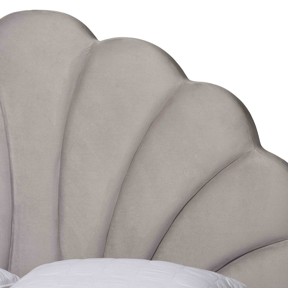 Glam and Luxe Light Grey Velvet Seashell-Headboard Queen Size Platform Bed