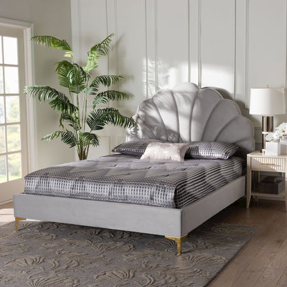 Glam and Luxe Light Grey Velvet Seashell-Headboard Queen Size Platform Bed