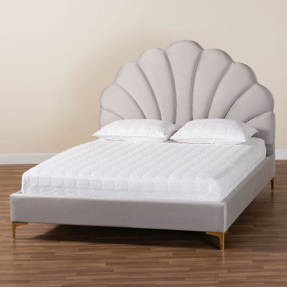 Glam and Luxe Light Grey Velvet Seashell-Headboard Queen Size Platform Bed