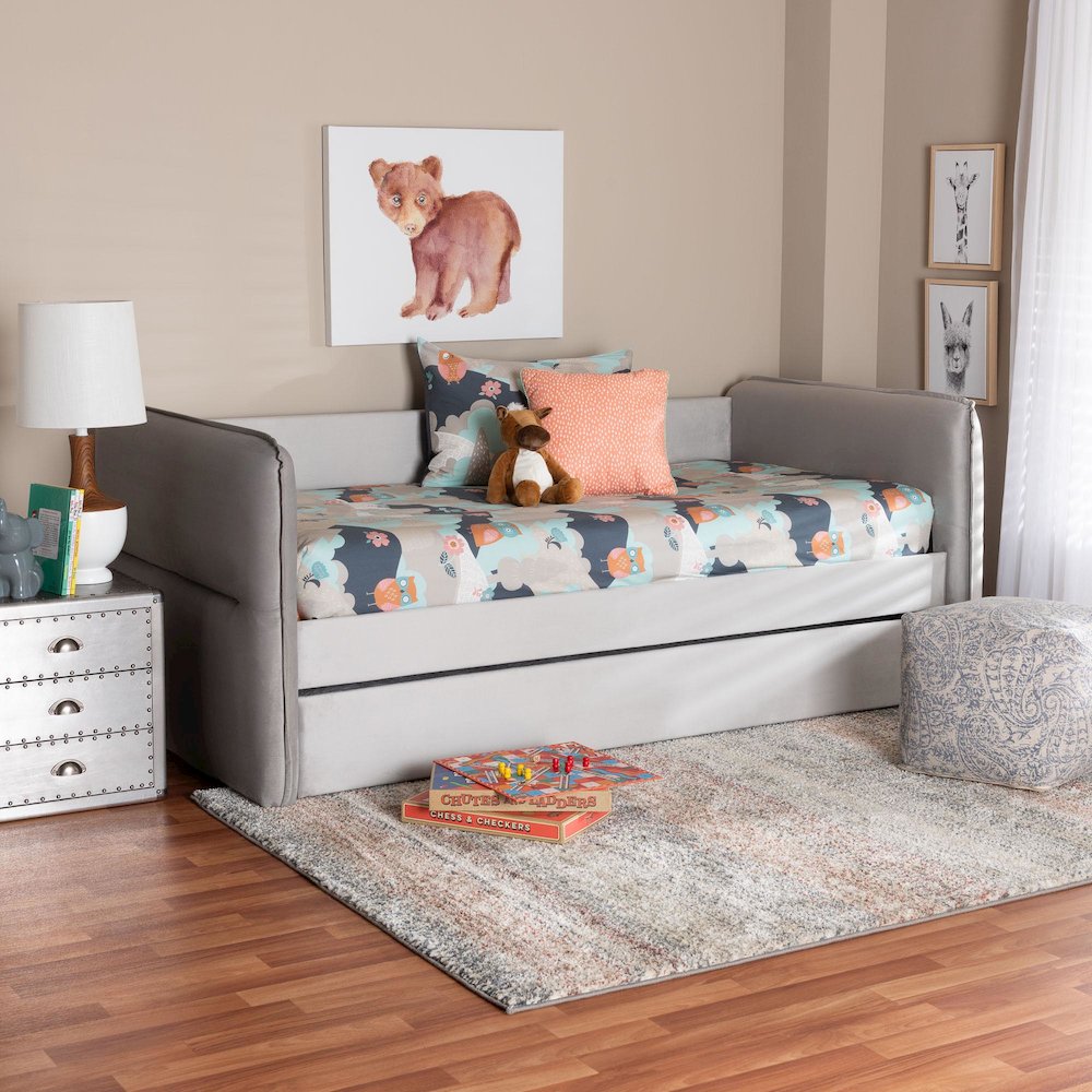 Finch Modern Light Grey Velvet Fabric Twin Size Daybed with Trundle