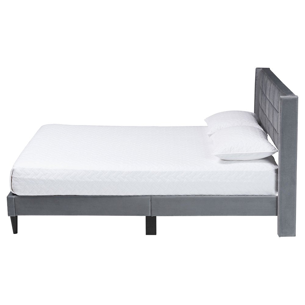 Payne Modern Glam Grey Velvet and Dark Brown Wood Queen Bed