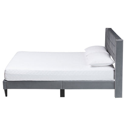 Payne Modern Glam Grey Velvet and Dark Brown Wood Queen Bed